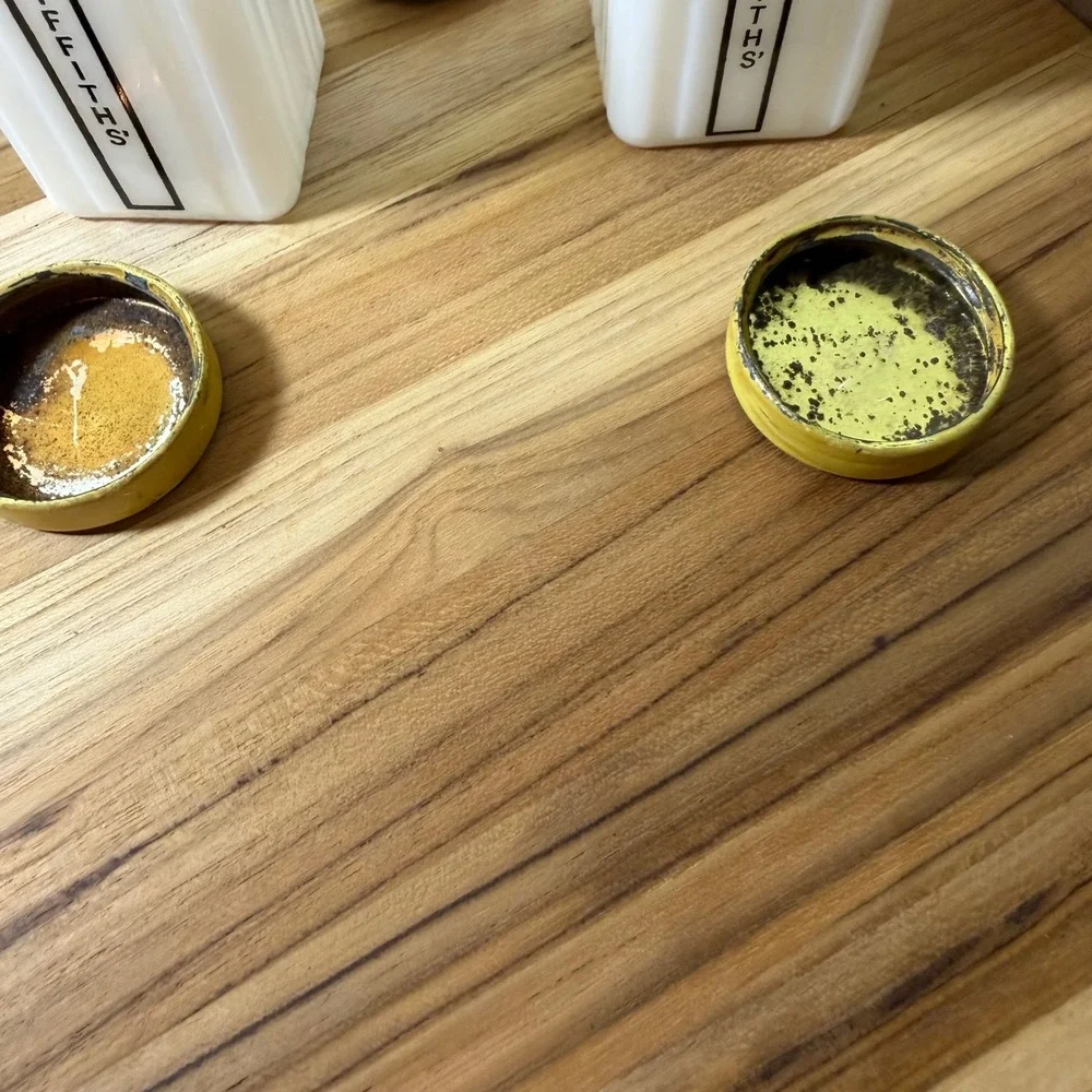 Vintage Griffiths Milk Glass Spice Jars Set of 9 White Art Deco Yellow Lids